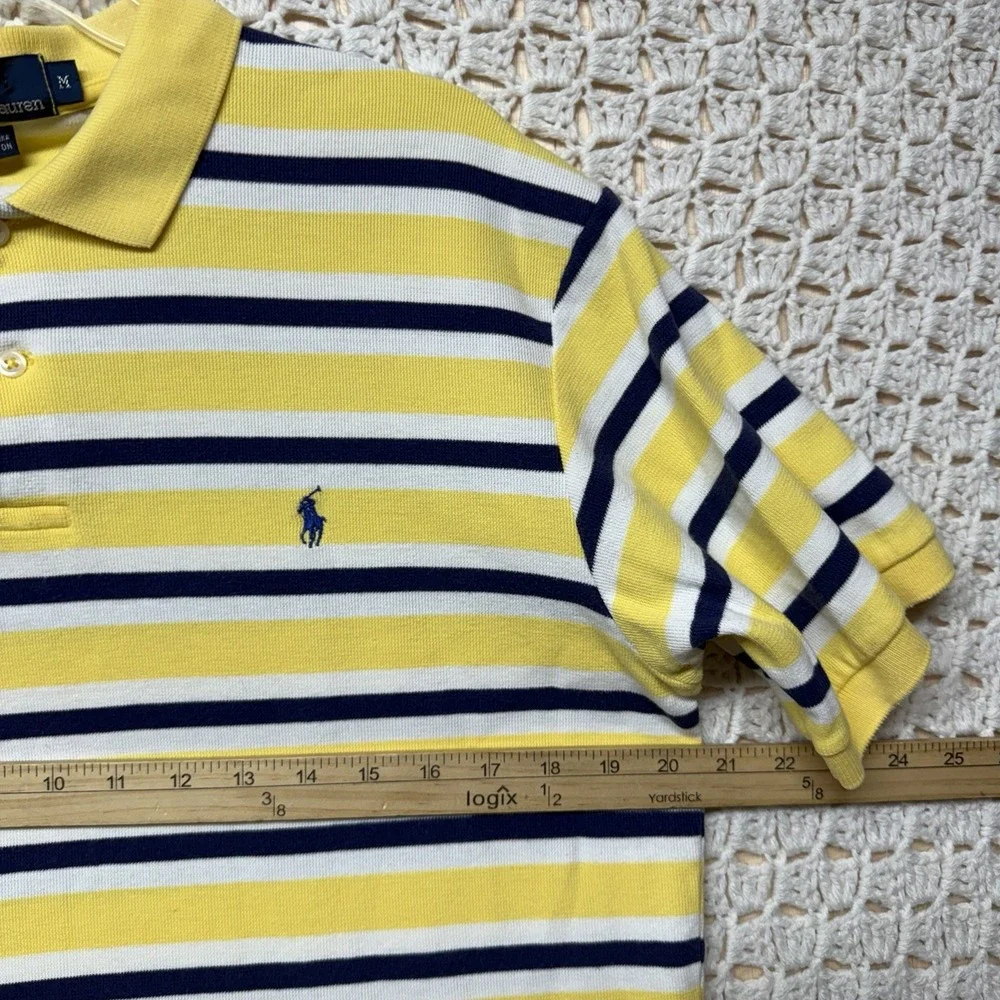 Polo Ralph Lauren Shirt Men M Yellow White Stripe Blue Pony Polo Collar Vtg